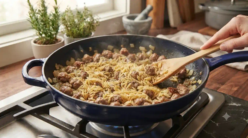 Creamy One-Pan Sausage Orzo Recipe, No Strainer Needed Creamy One-Pan Sausage Orzo Recipe, No Strainer Needed