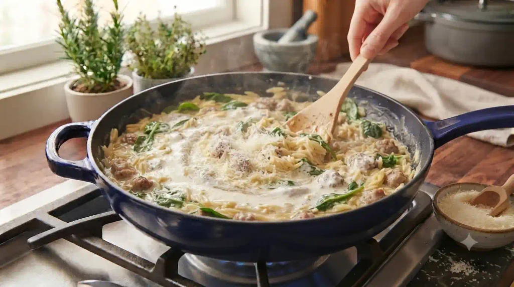 Creamy One-Pan Sausage Orzo Recipe, No Strainer Needed Creamy One-Pan Sausage Orzo Recipe, No Strainer Needed