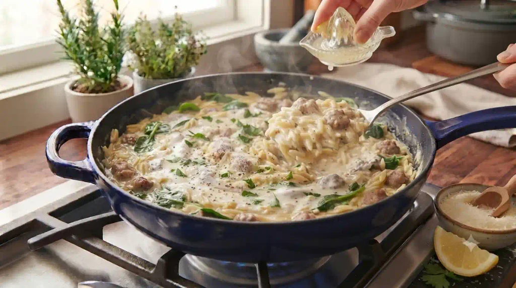 Creamy One-Pan Sausage Orzo Recipe, No Strainer Needed Creamy One-Pan Sausage Orzo Recipe, No Strainer Needed